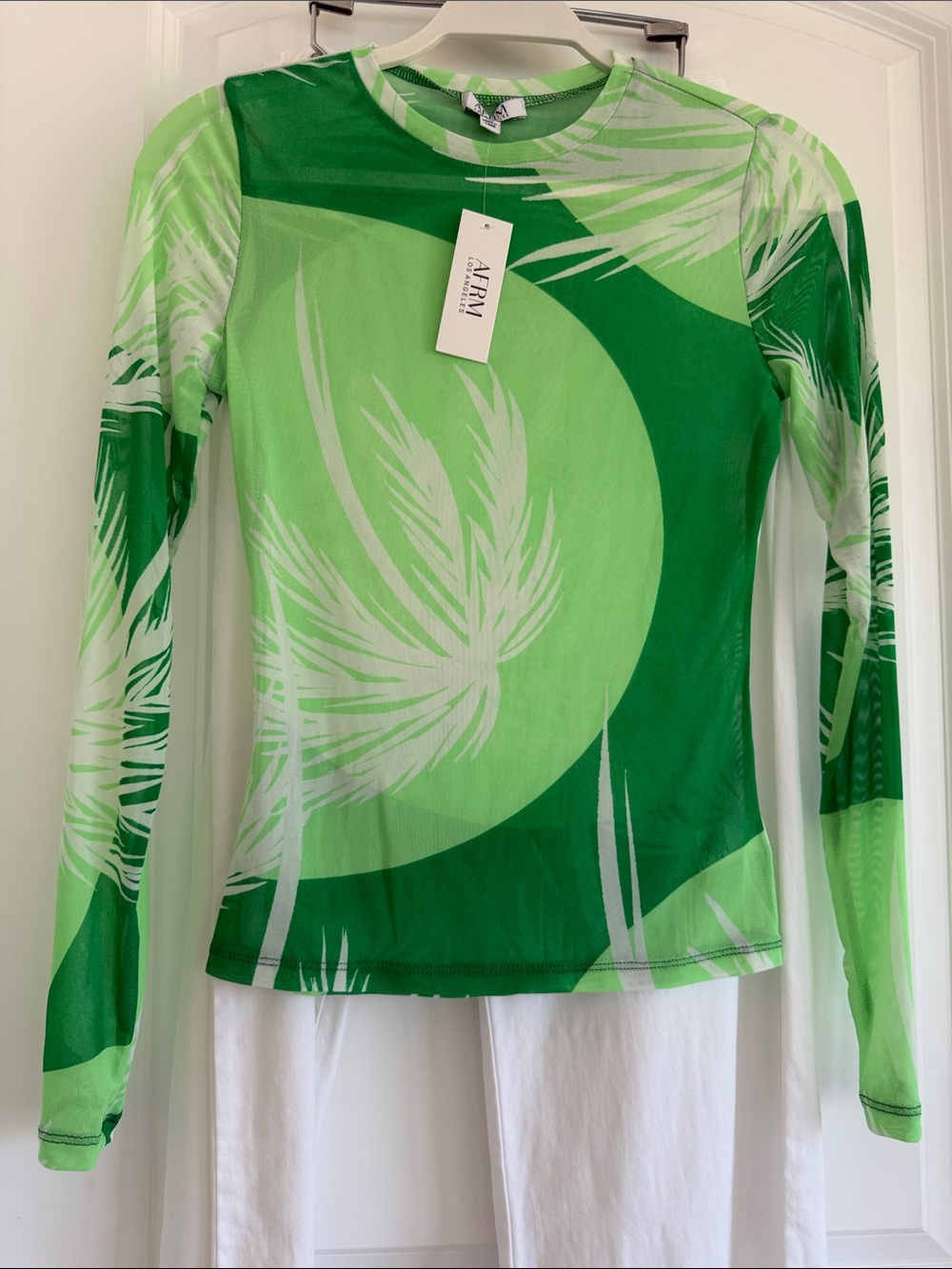 AFRM Los Angeles sheer Green Palm-Print soft Long Sleeve Tee S NWT